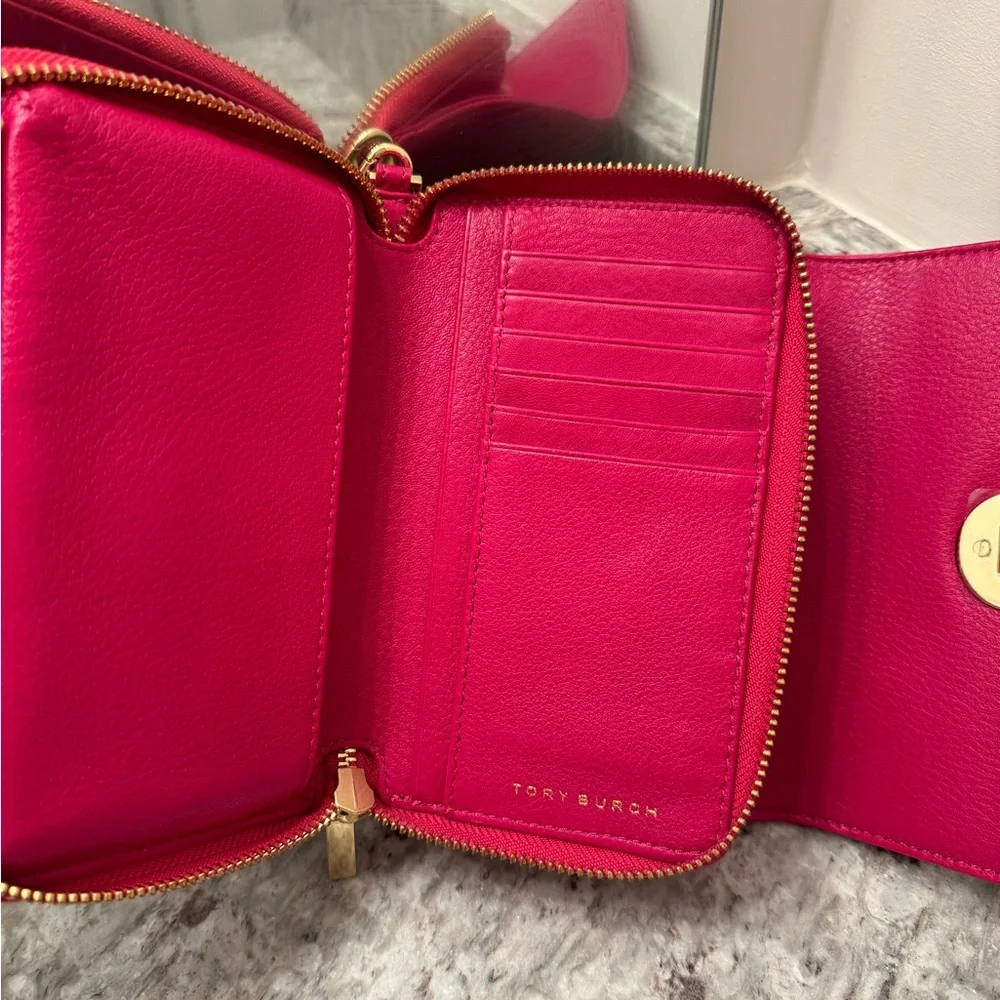 Tory Burch Hot Pink Leather Wristlet with Gold Logo
